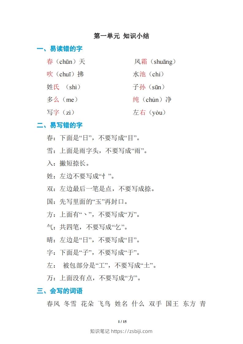 语文一年级下册期中复习知识要点-知识笔记