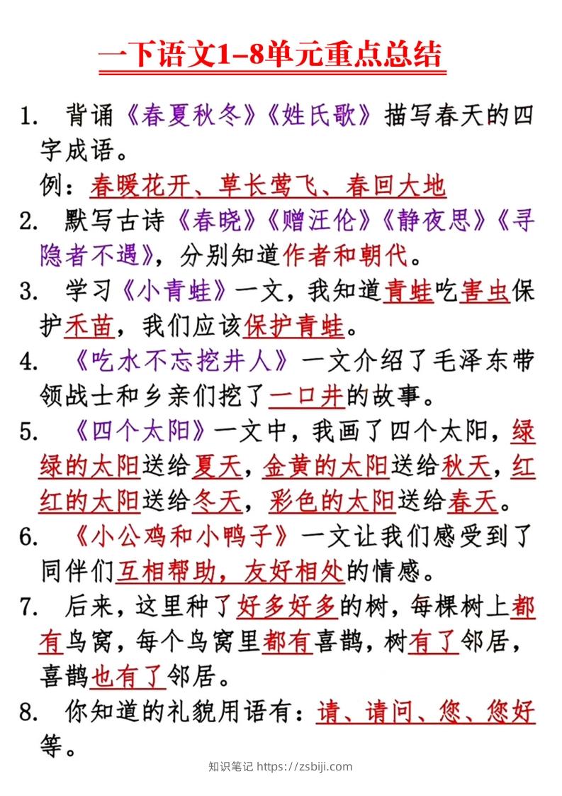 【1-8单元重点总结】一下语文-知识笔记