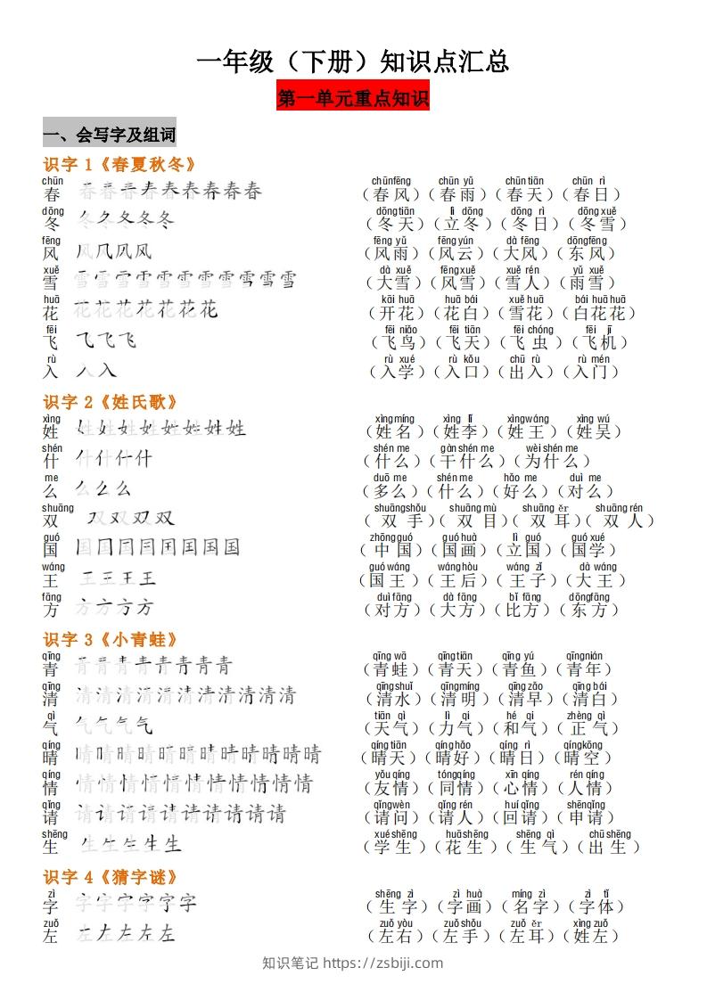 一年级（下册）知识点汇总-知识笔记