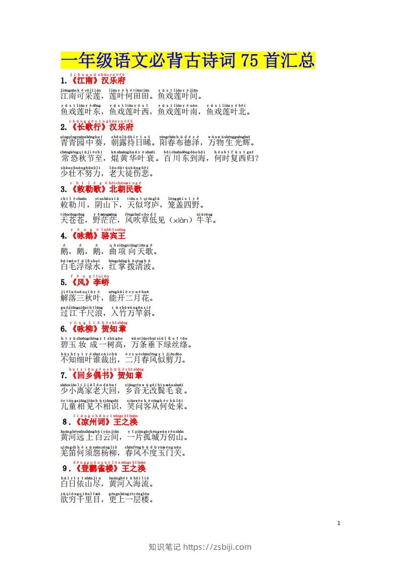 1.2《必背古诗词汇总》（注音版）-知识笔记