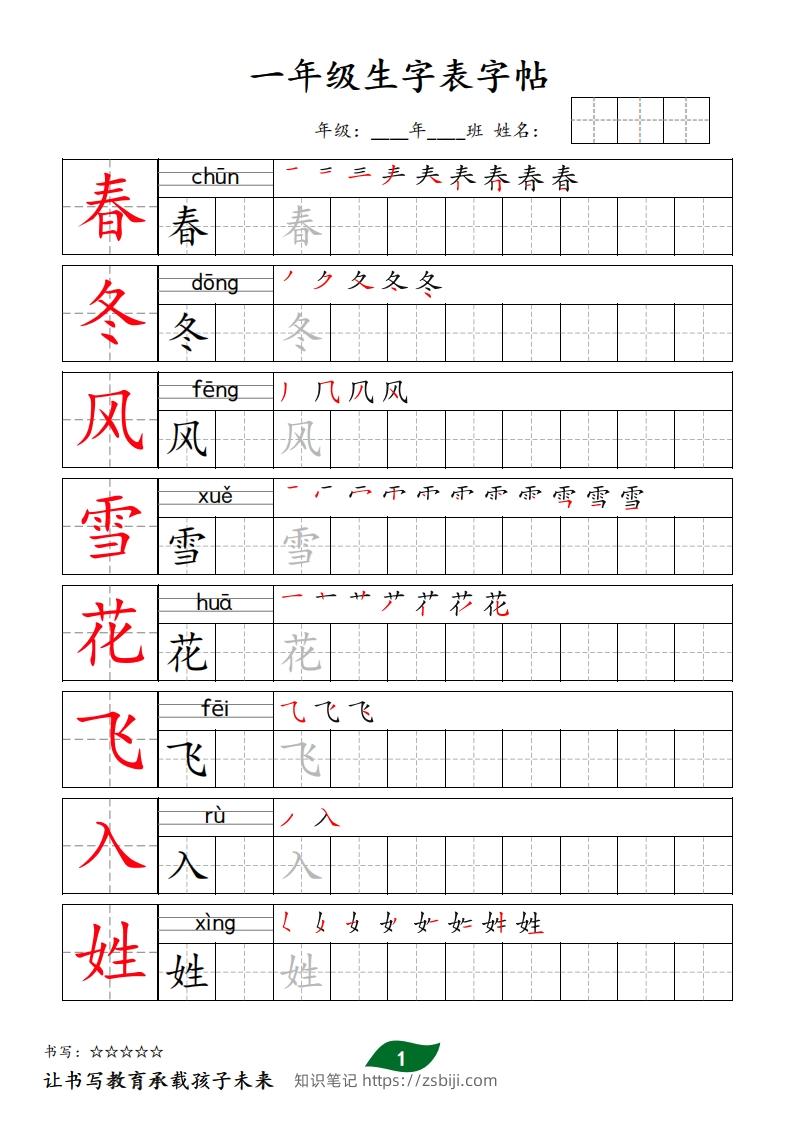 【字贴】一类生字表字帖-知识笔记