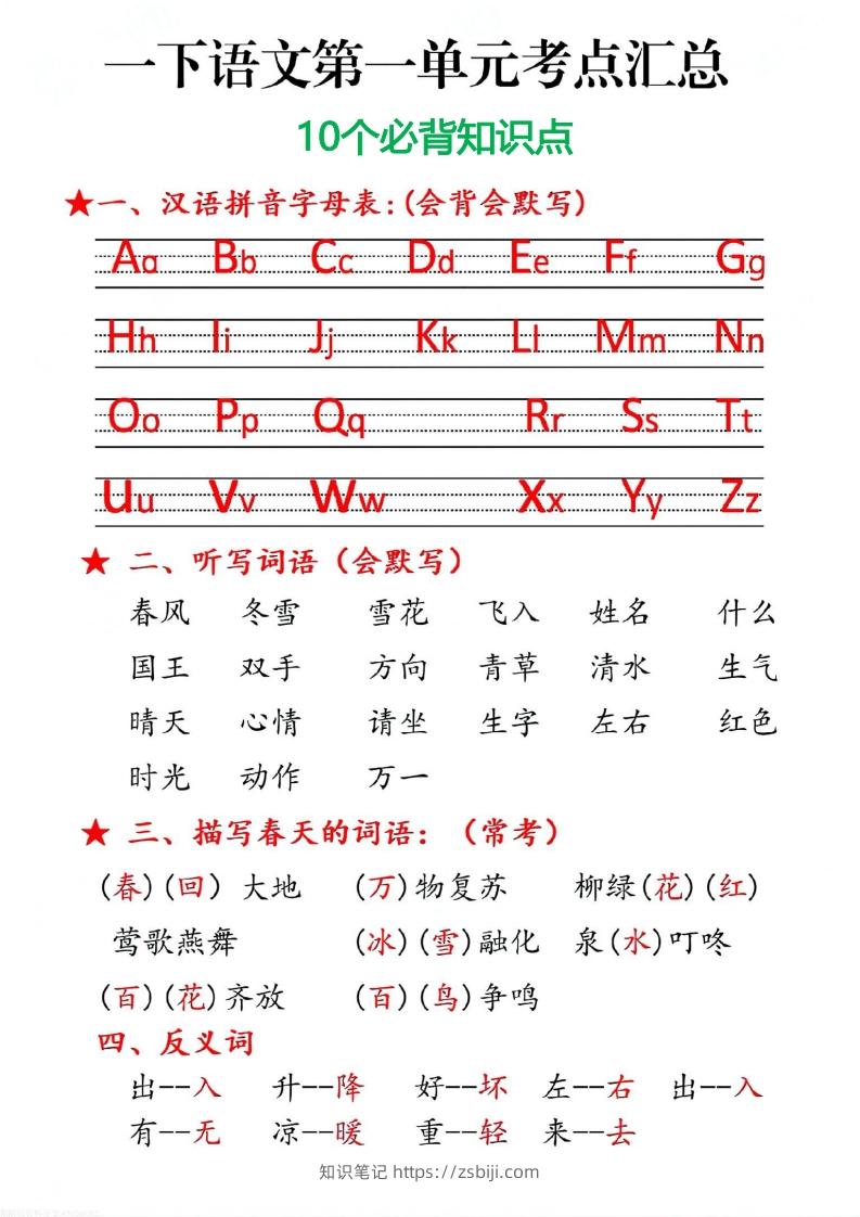 一下语文第一单元10个必备知识点-知识笔记