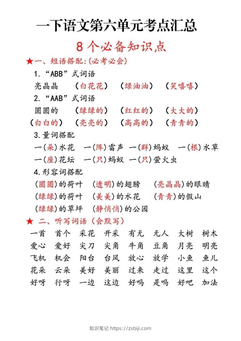 一下语文第六单元考点汇总-知识笔记