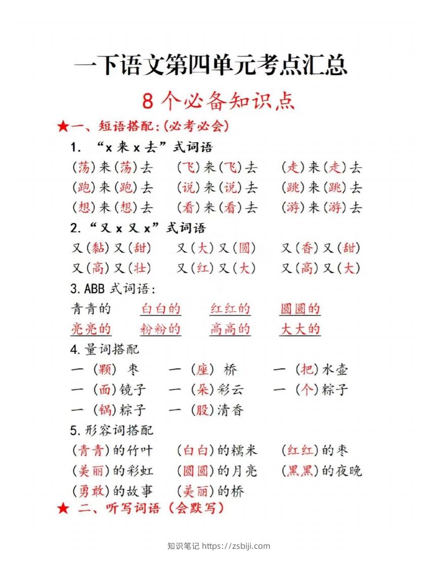 一下语文第四单元考点总结-知识笔记