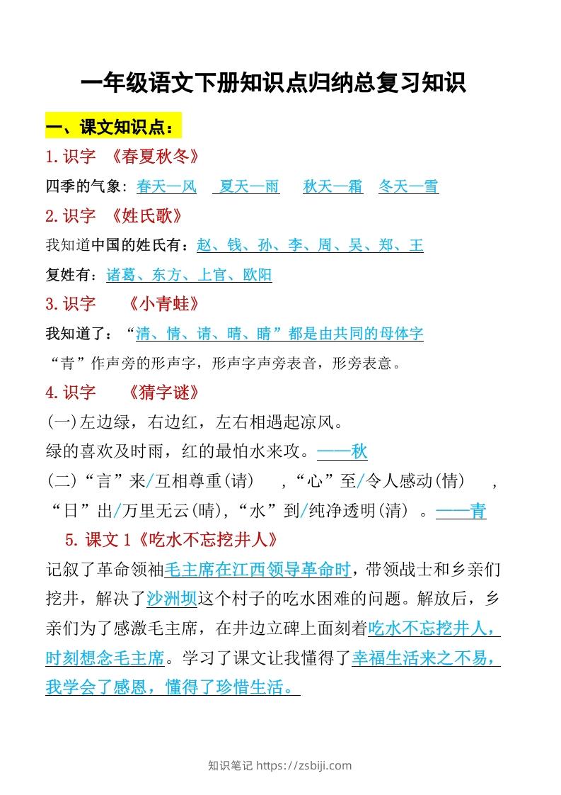 一年级语文下册知识点归纳期末总复习知识-知识笔记