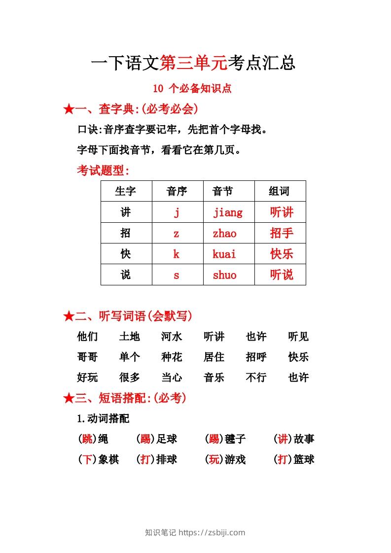 一下语文第三单元10个必备知识点-知识笔记