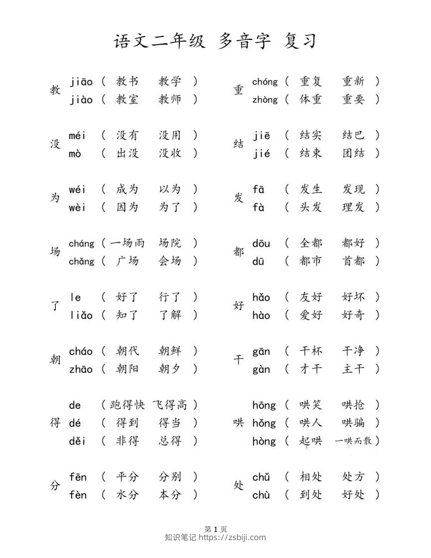 二下语文【多音字汇总归纳】-知识笔记