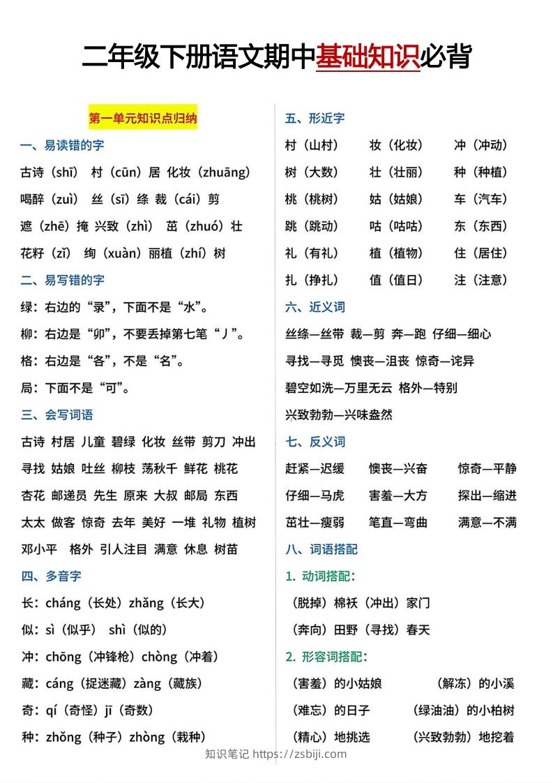 二年级下册期中基础知识必背-知识笔记