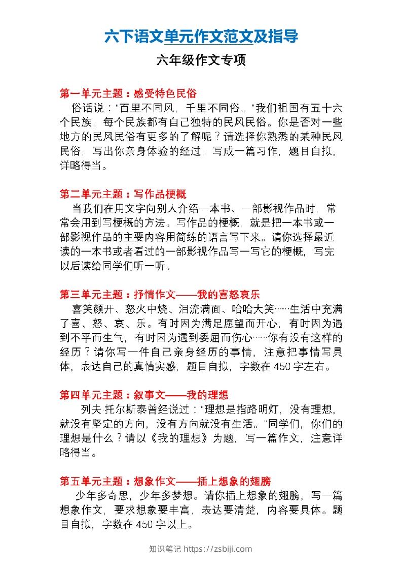 6年级下册语文作文专项练习(含范文)-知识笔记