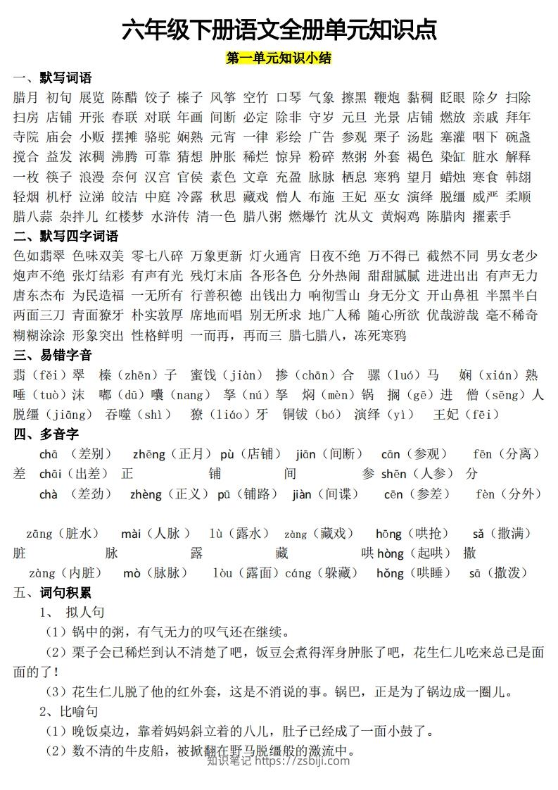 六年级1-8单元知识点(1)-知识笔记