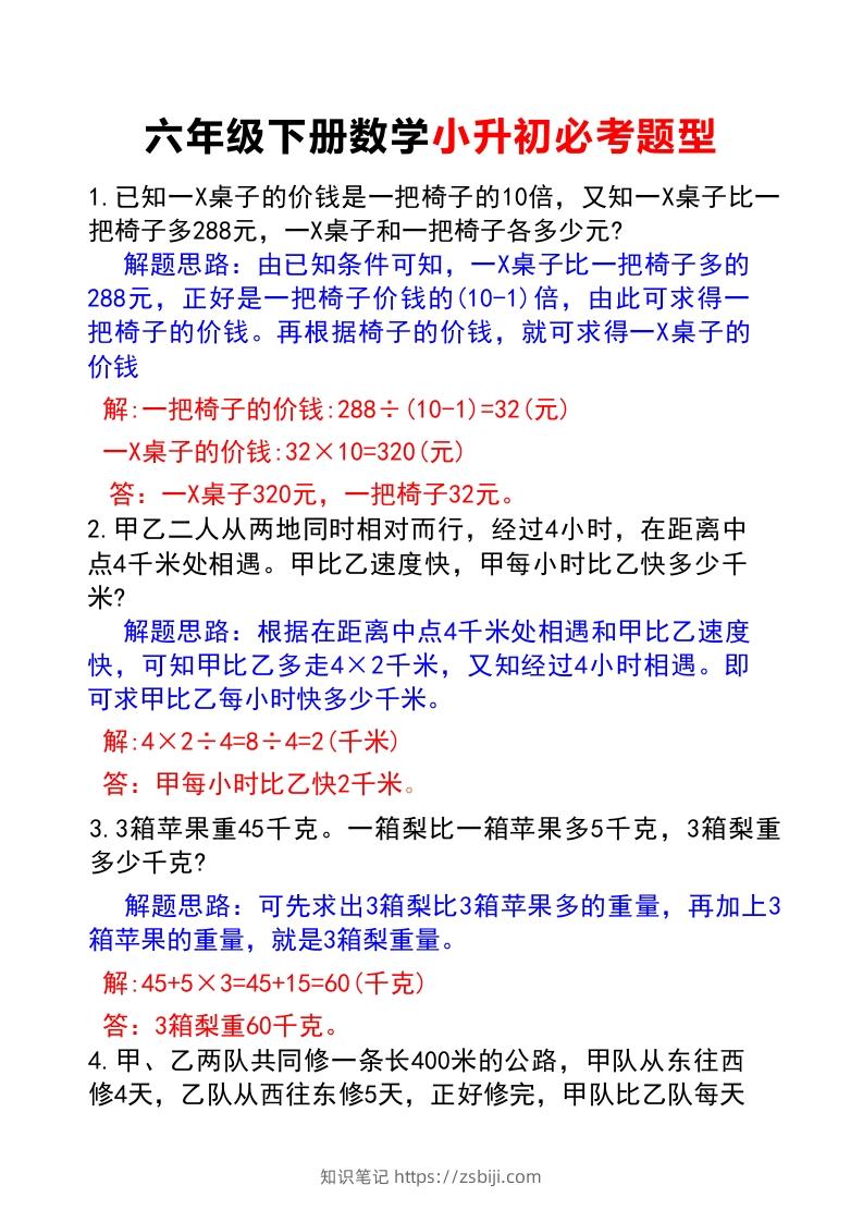 六年级下册数学小升初必考题型(答案)-知识笔记