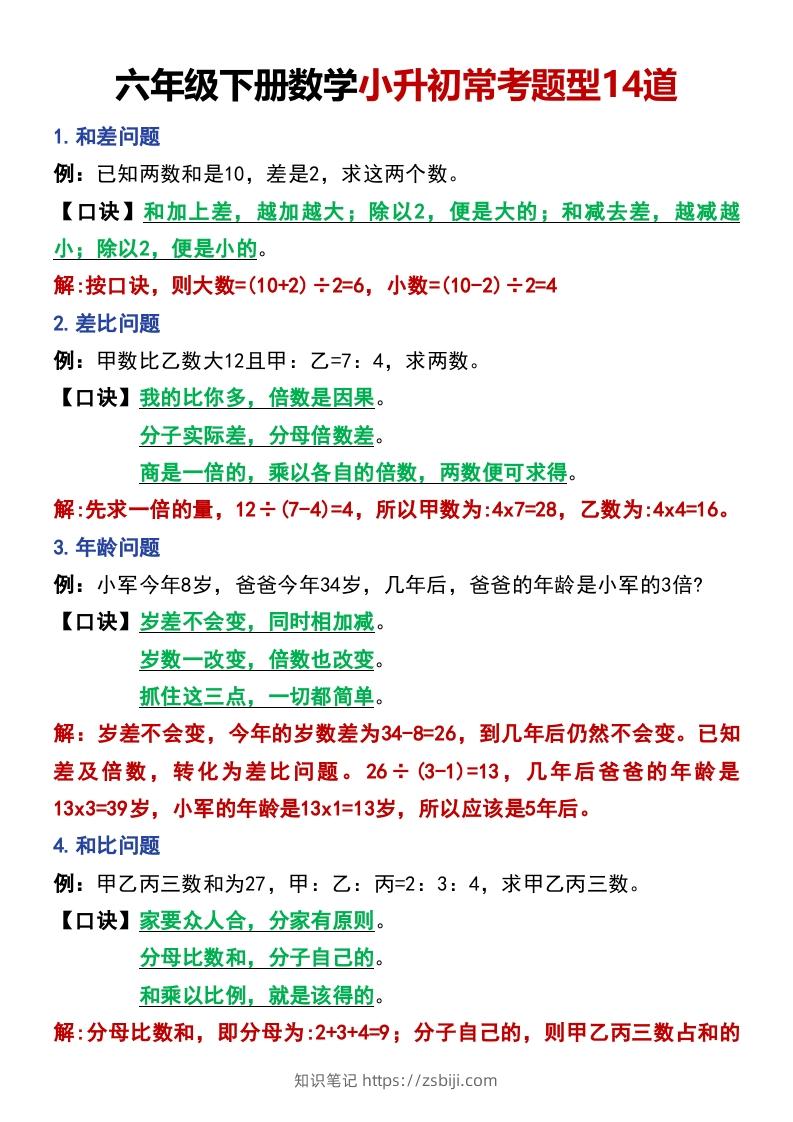 六年级下册数学小升初常考题型14道-知识笔记