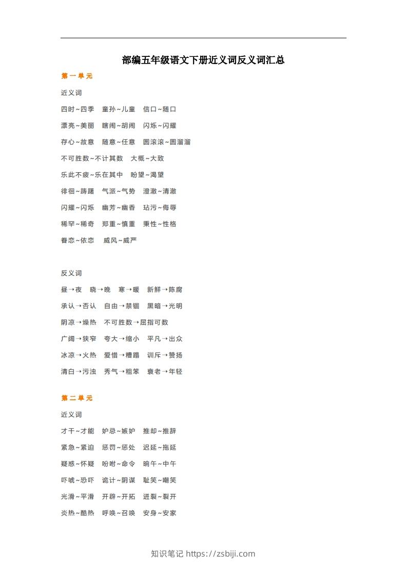 五年级语文下册近义词反义词汇总（部编版）-知识笔记