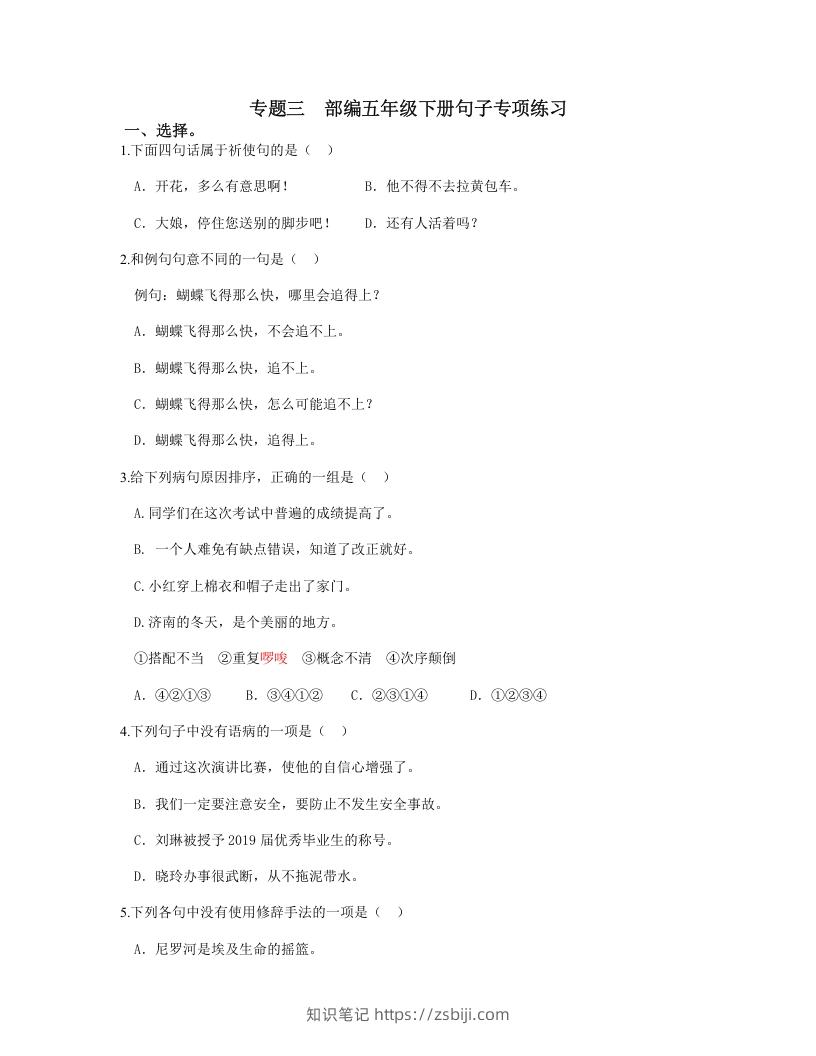 五年级语文下册句子专项练习（部编版）-知识笔记