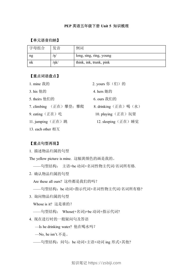五年级英语下册单元知识梳理-Unit5Whosedogisit（人教PEP版）-知识笔记