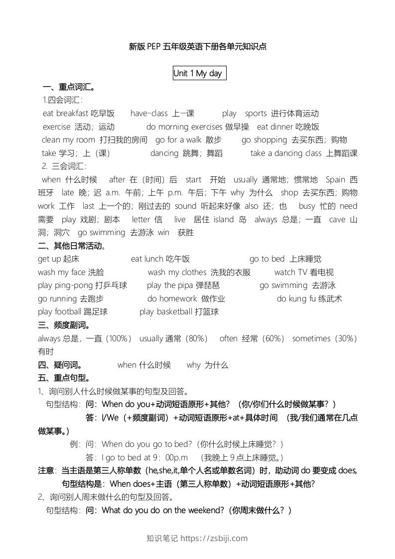 五年级英语下册单元知识点（人教PEP版）-知识笔记