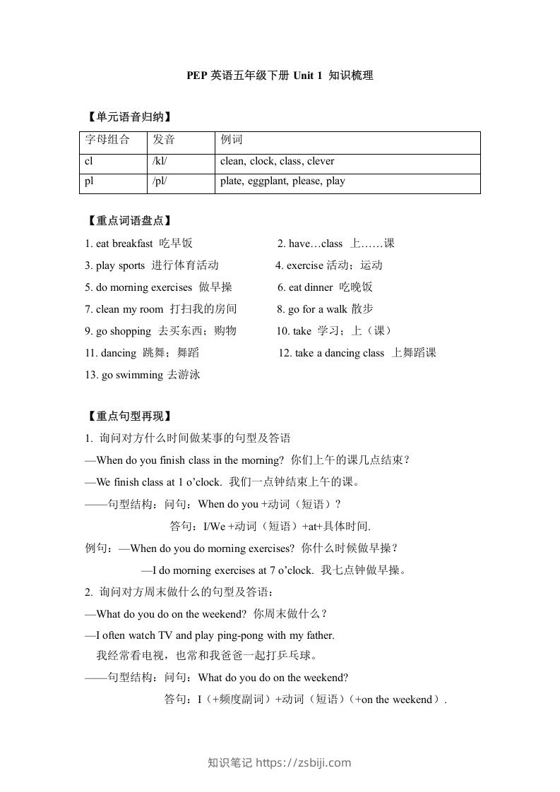 五年级英语下册单元知识梳理-Unit1Myday（人教PEP版）-知识笔记