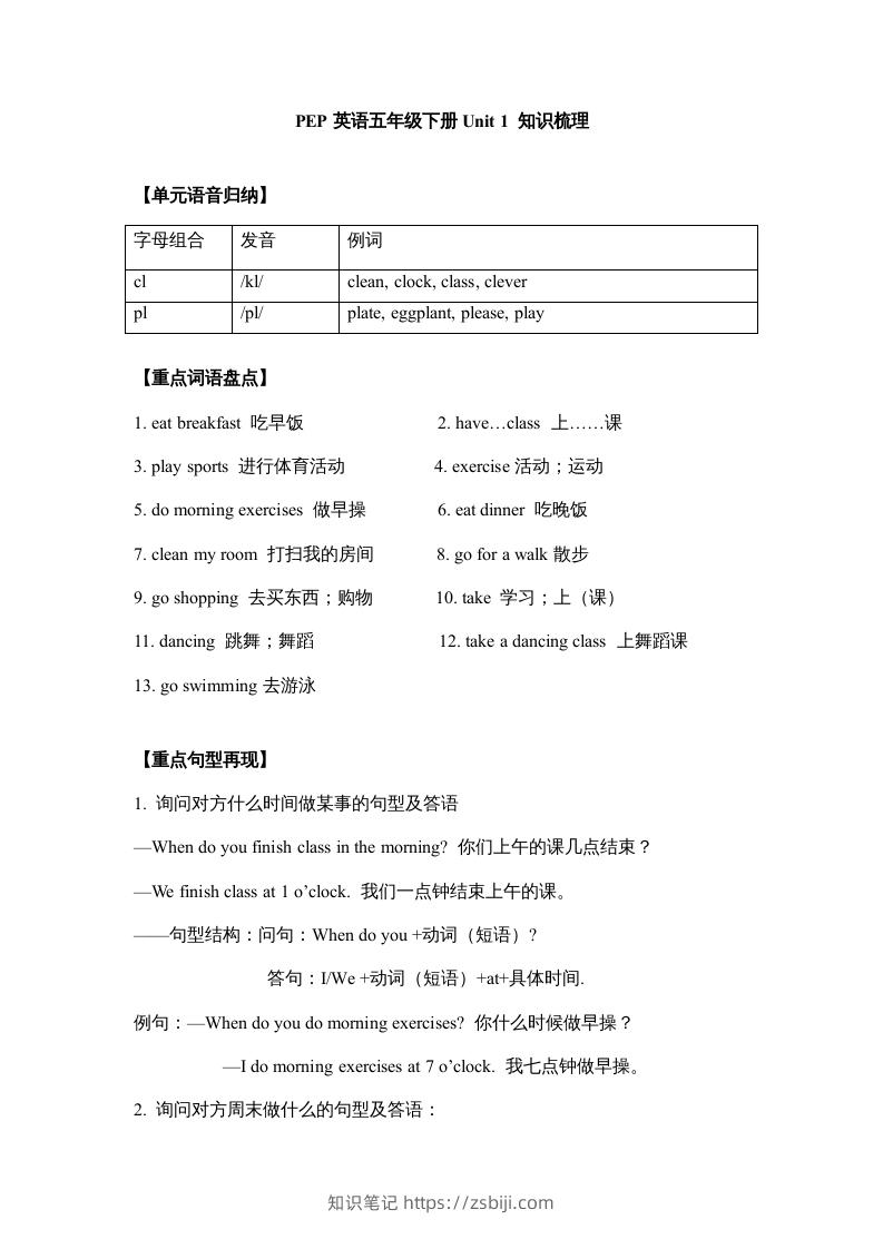 五年级英语下册【完美】单元知识梳理-Unit1Myday（人教PEP版）-知识笔记