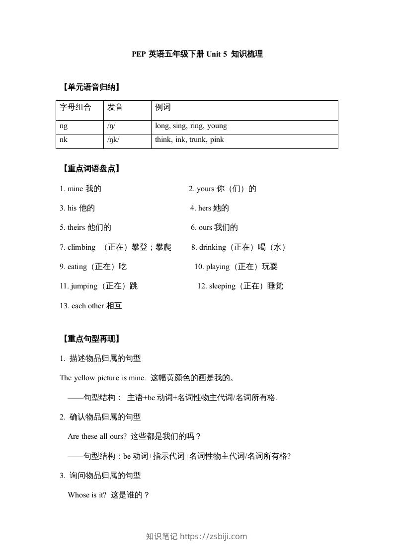 五年级英语下册【完美】单元知识梳理-Unit5Whosedogisit（人教PEP版）-知识笔记