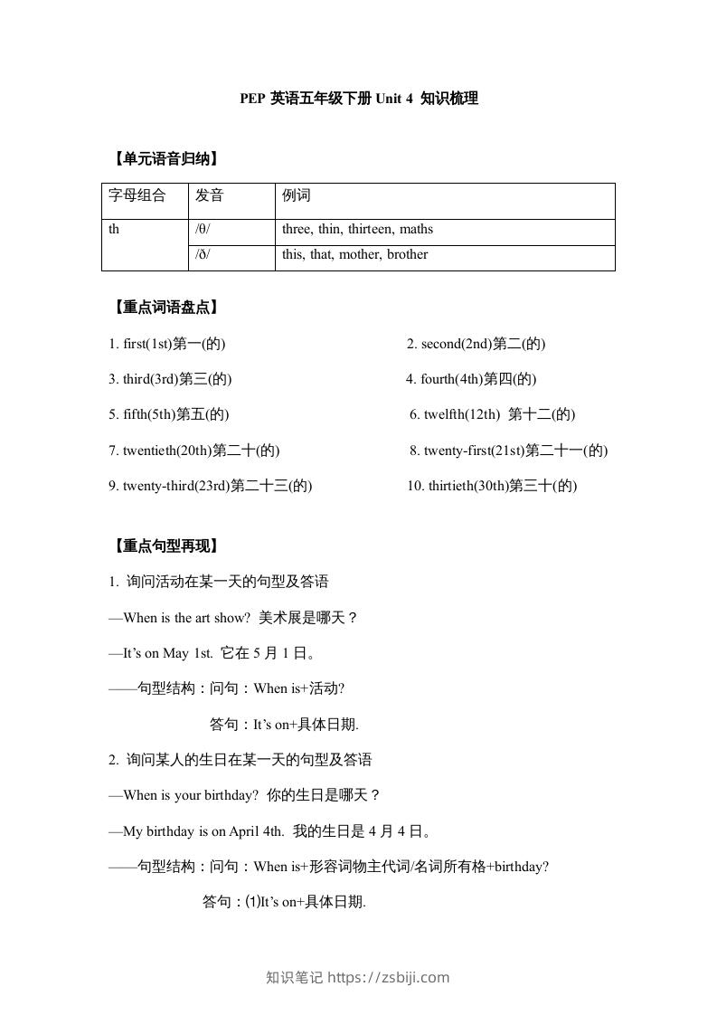 五年级英语下册【完美】单元知识梳理-Unit4Whenistheartshow（人教PEP版）-知识笔记