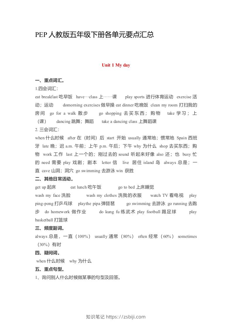 五年级英语下册素材-各单元要点汇总（人教PEP版）-知识笔记