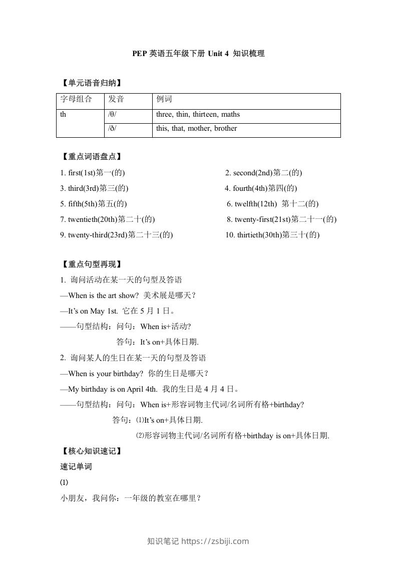五年级英语下册单元知识梳理-Unit4Whenistheartshow（人教PEP版）-知识笔记