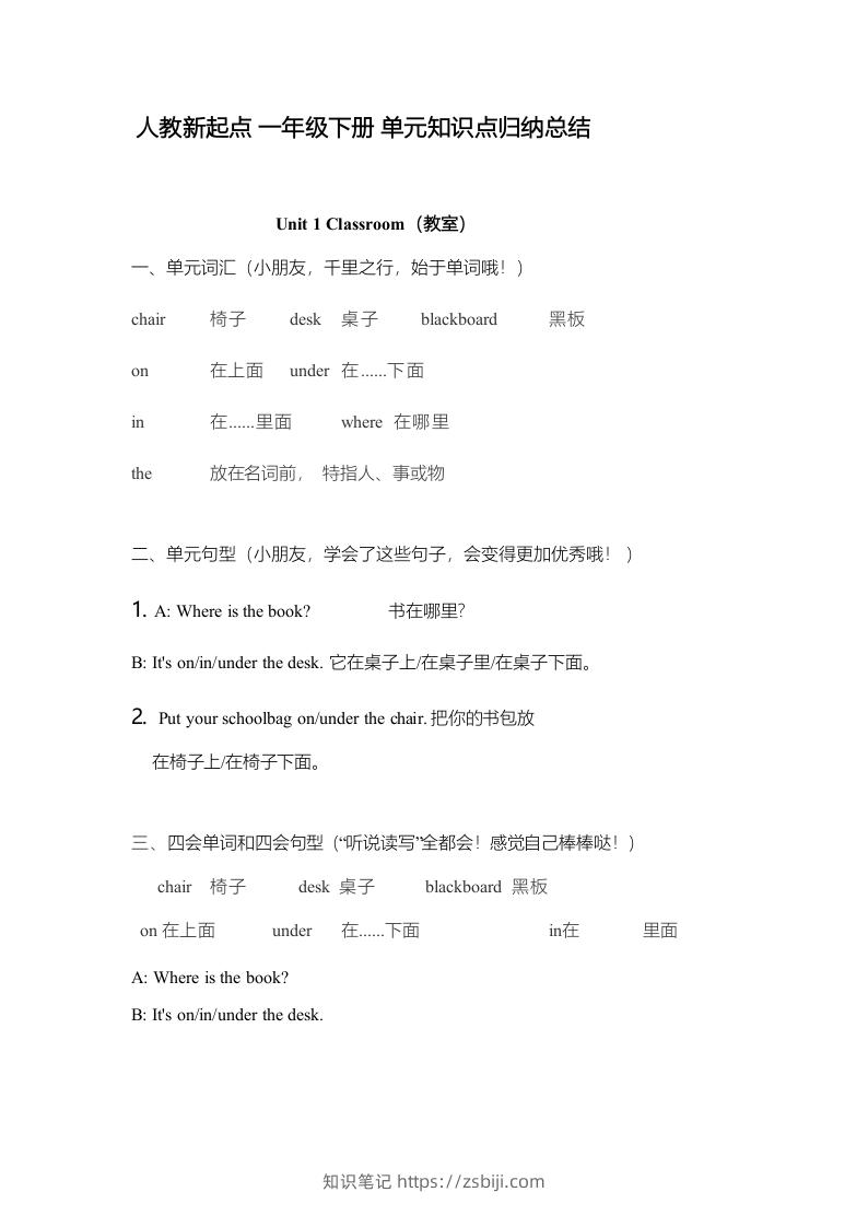 一年级英语下册一起点单元知识点归纳总结-知识笔记