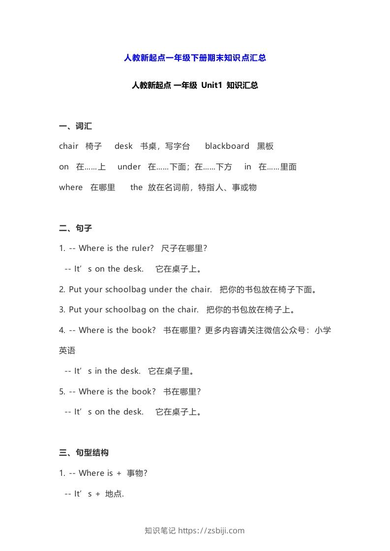 一年级英语下册期末知识点汇总8页-知识笔记