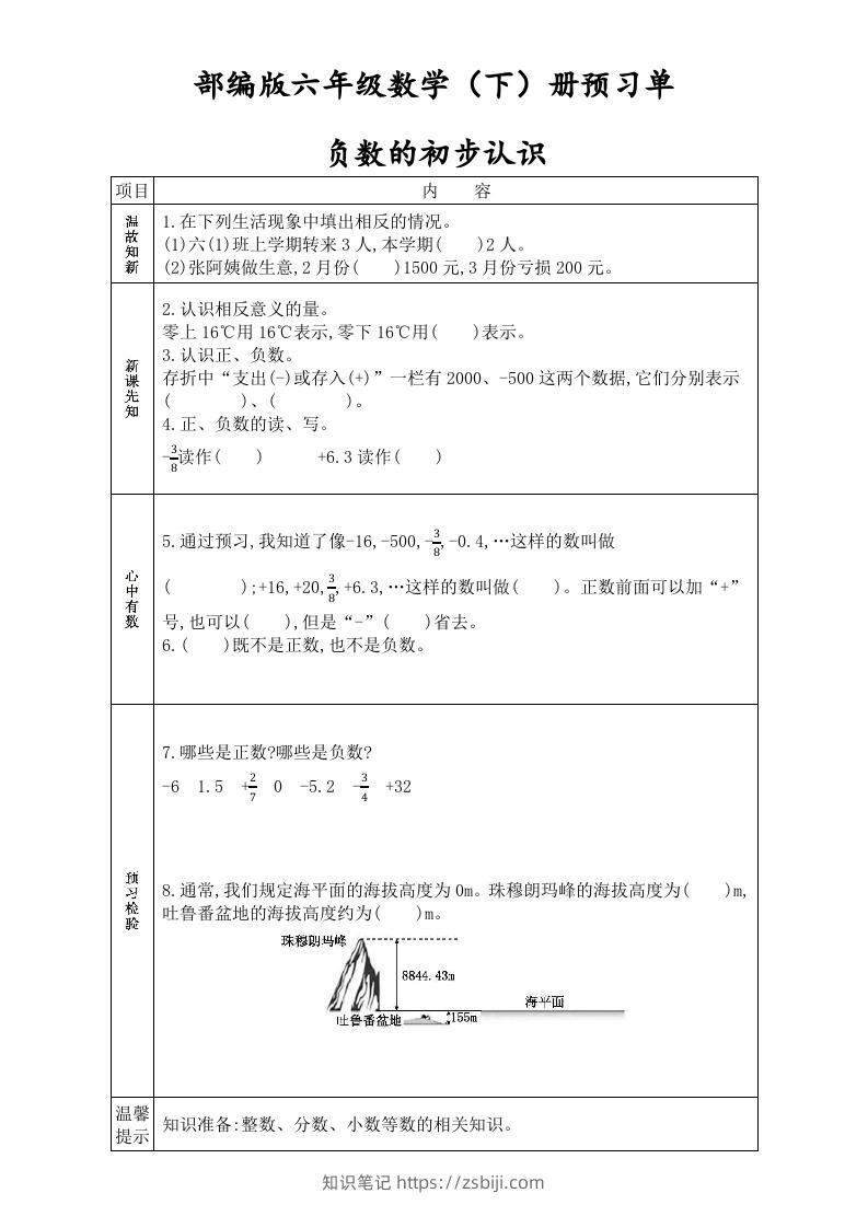 六年级数学下册全册学生课前预习单（人教版）-知识笔记
