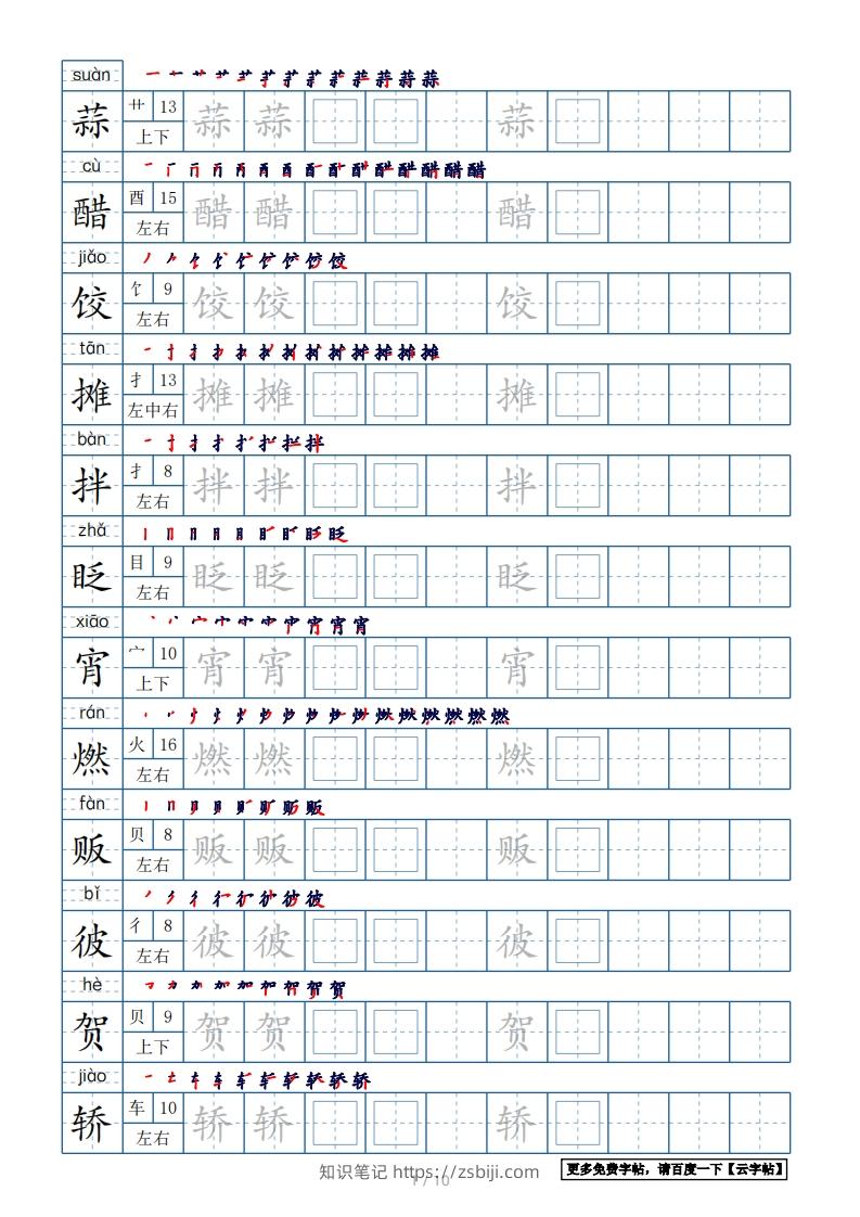 六年级语文下册【2022年更新】生字表120个字帖10页（带偏旁部首、笔顺，拼音）（部编版）-知识笔记