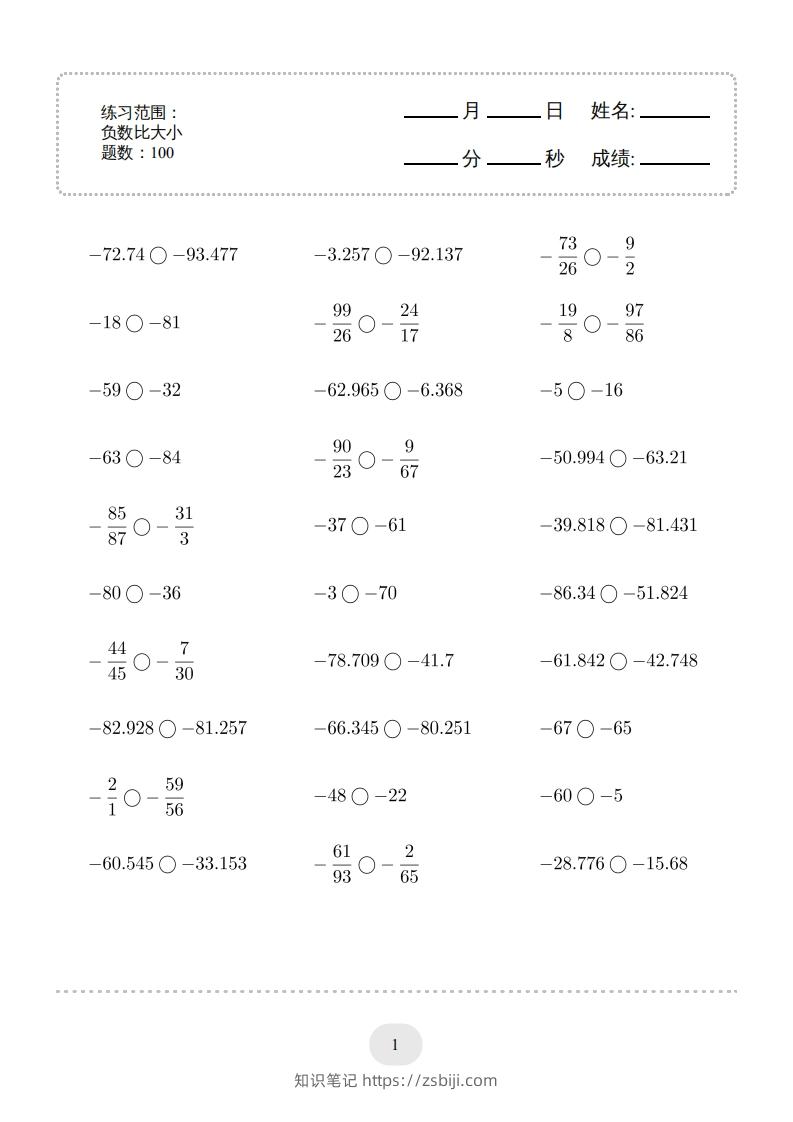 六年级数学下册口算题(负数比大小)1000题（人教版）-知识笔记