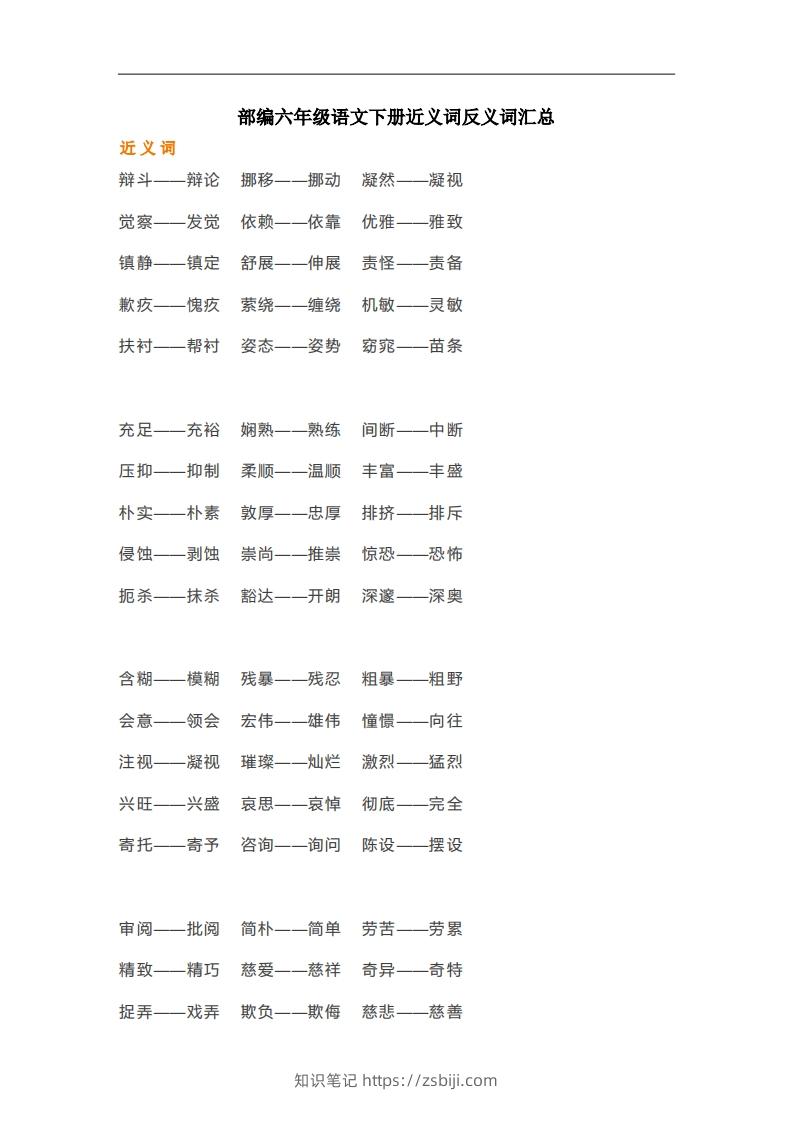 六年级语文下册近义词反义词汇总（部编版）-知识笔记