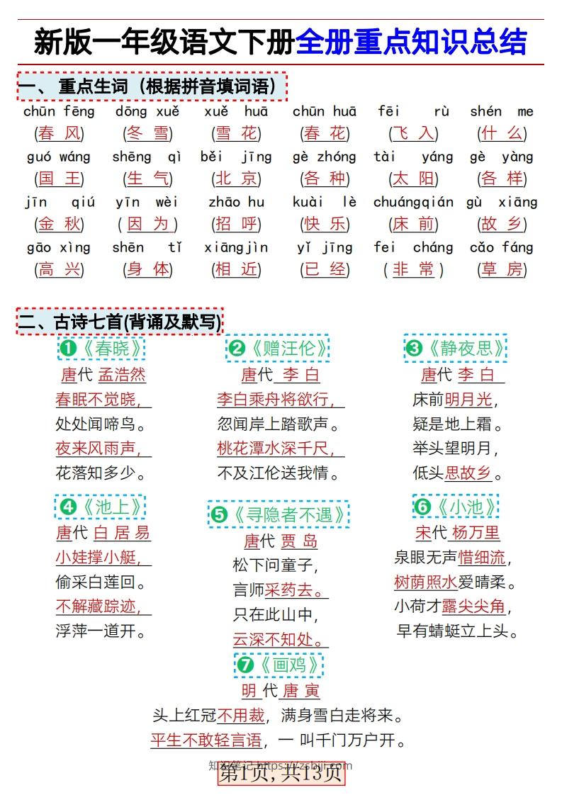 ★3.9新版一年级语文下册全册重点知识总结-知识笔记