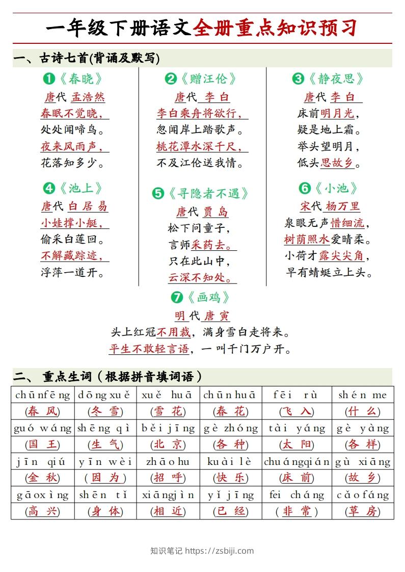 1.27一年级下册语文全册重点知识预习汇总-知识笔记