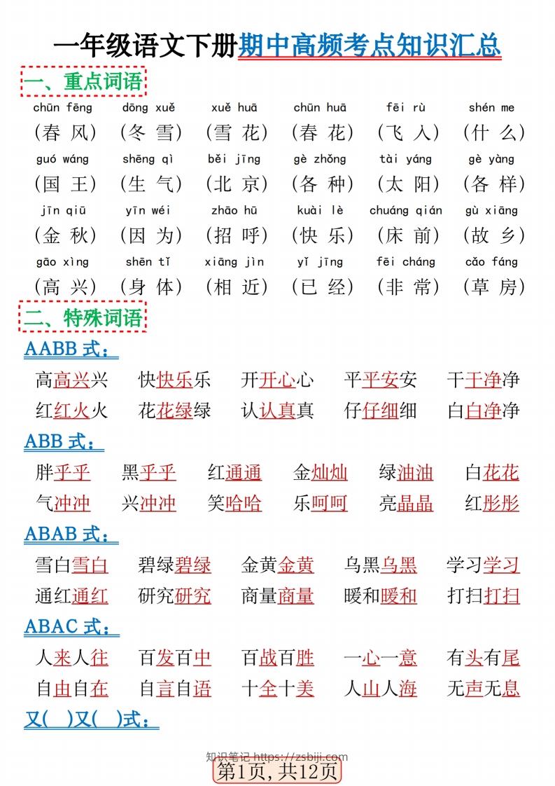 一年级语文下册期中高频考点知识汇总(1)(2)-知识笔记