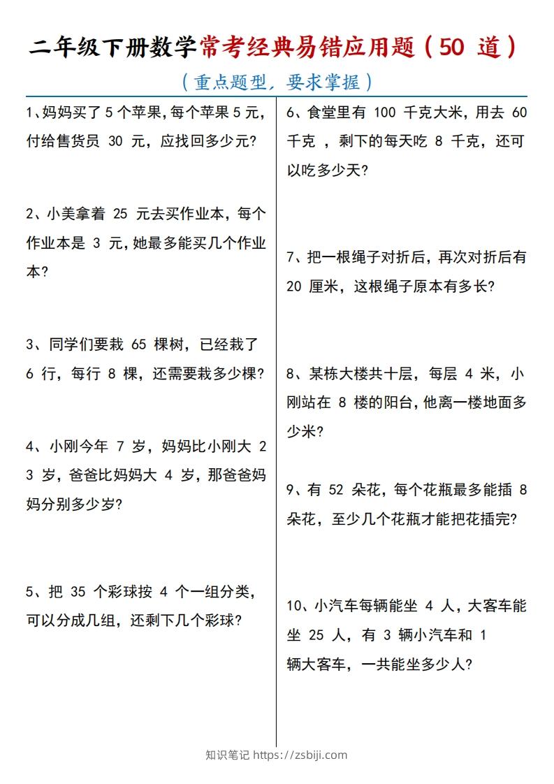 【常考经典易错应用题50道】二下数学-知识笔记