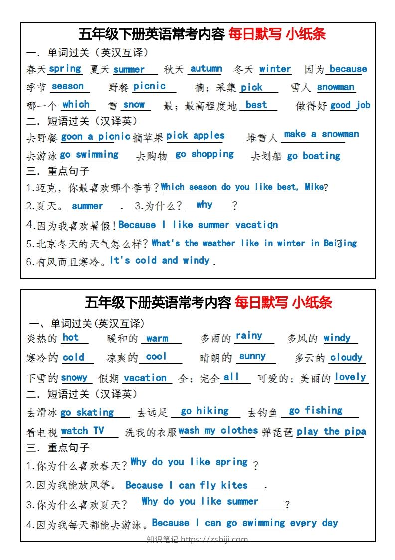 图片[2]-五年级下册英语常考内容每日默写小纸条-知识笔记