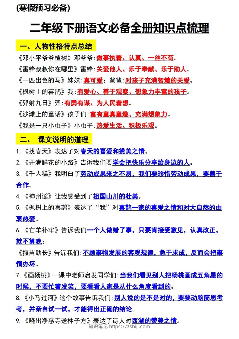 二年级语文下册知识点归纳总复习-知识笔记
