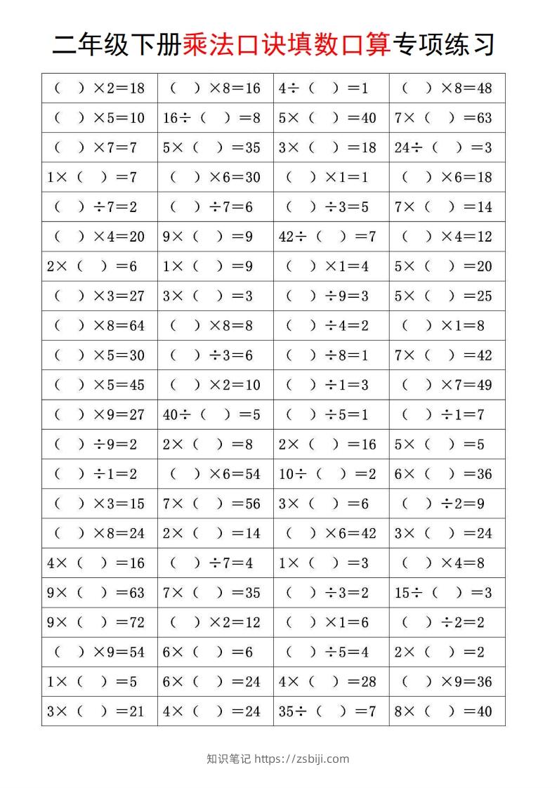 二下数学【乘法口诀和混合运算专项练习】-知识笔记
