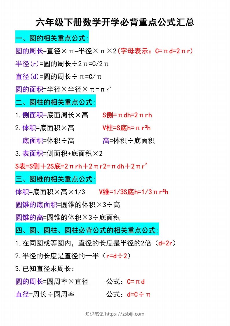 六年级下册数学必背重点公式汇总-知识笔记