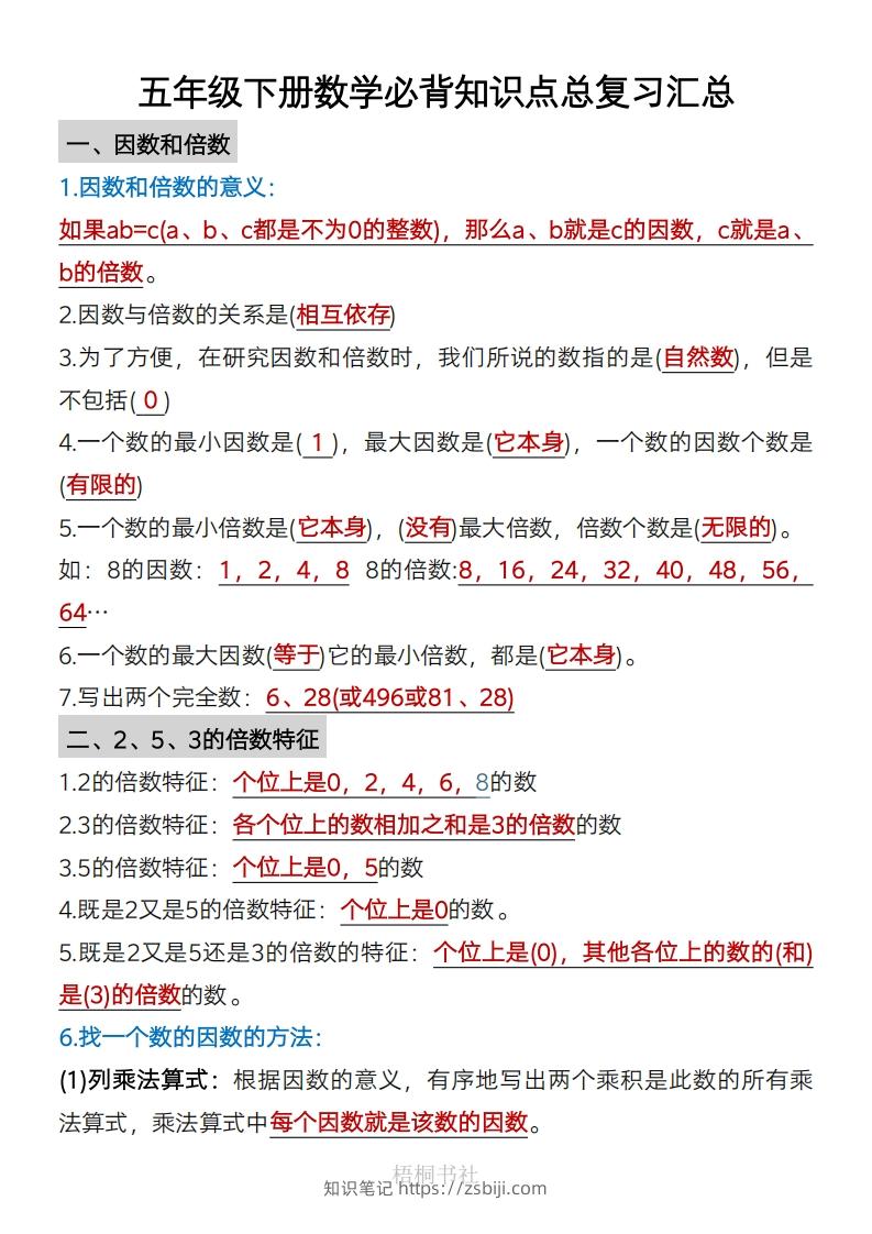 数学五年级下册必背知识点汇总-知识笔记