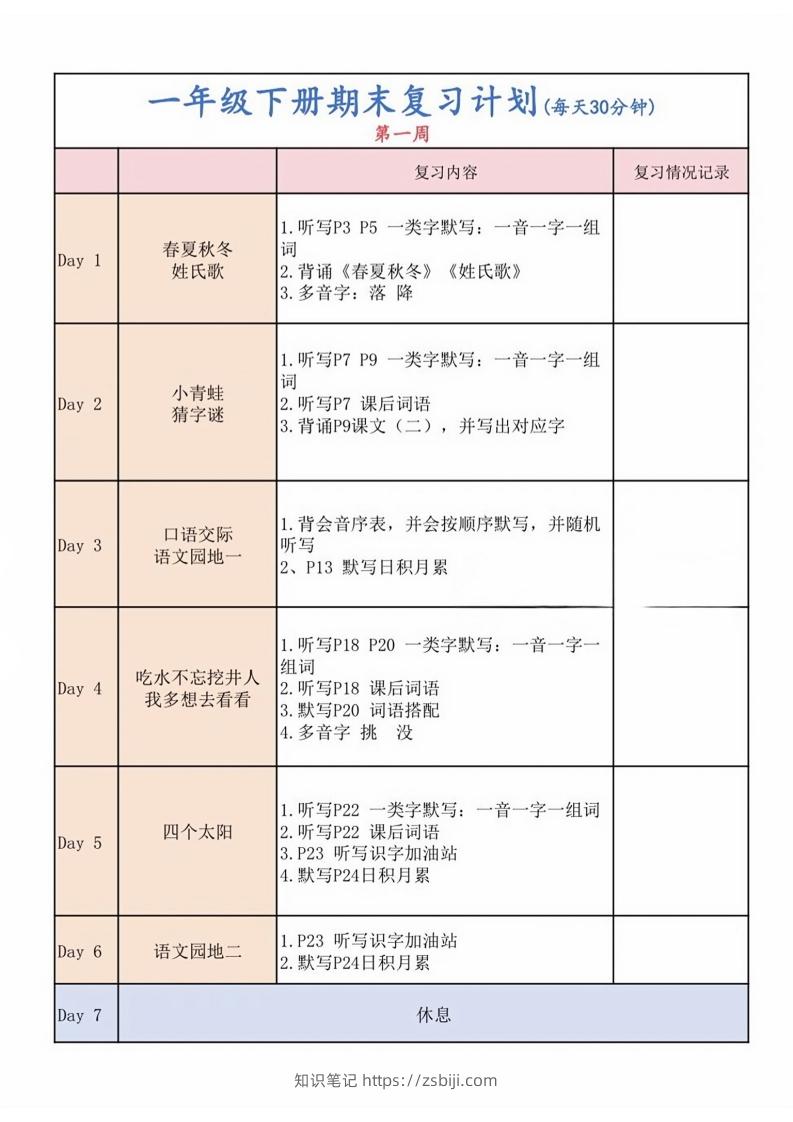 一下语文复习计划表-知识笔记