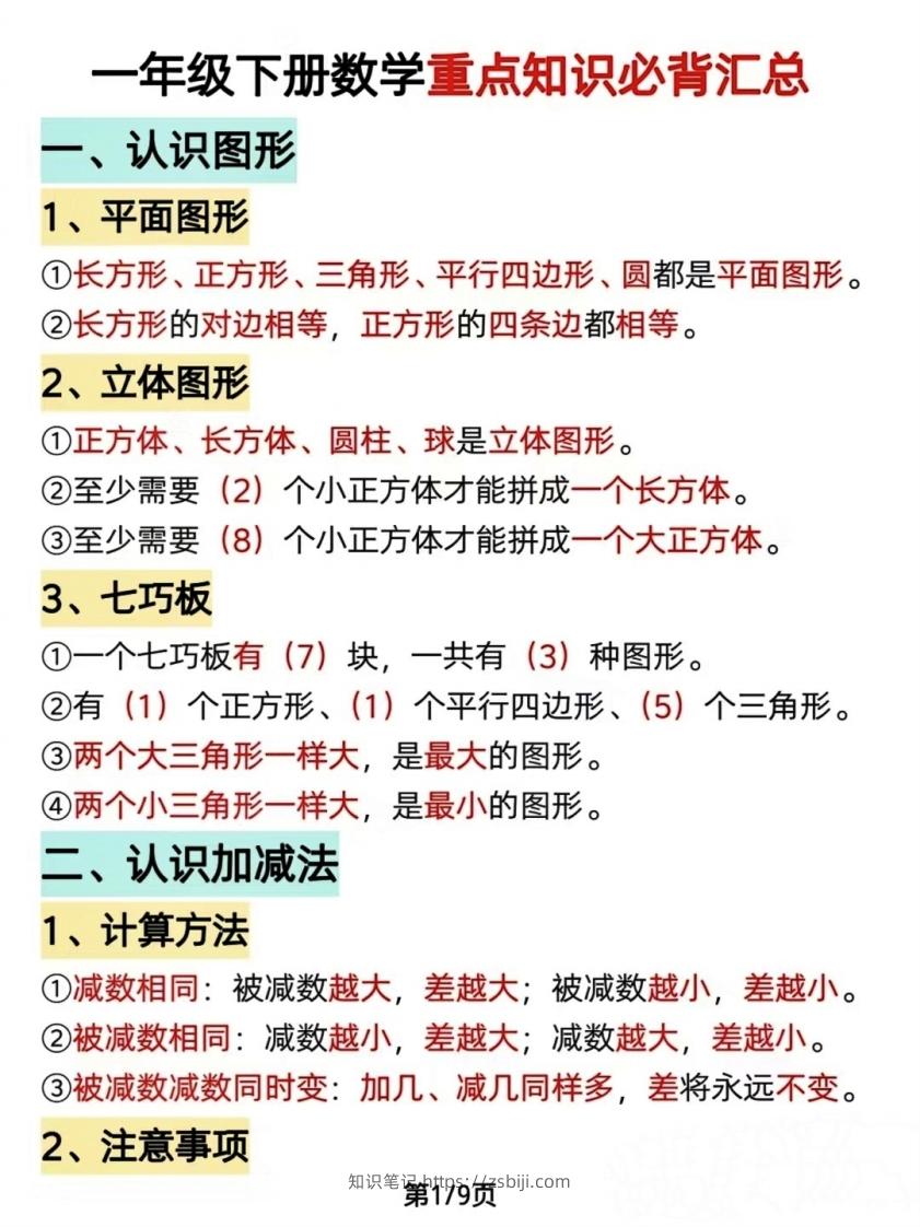 数学一年级下册必背知识点汇总（简洁版）-知识笔记