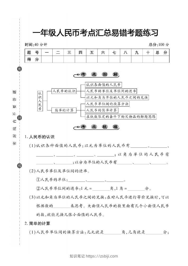 一年级数学下册人民币考点易错+综合练习-知识笔记