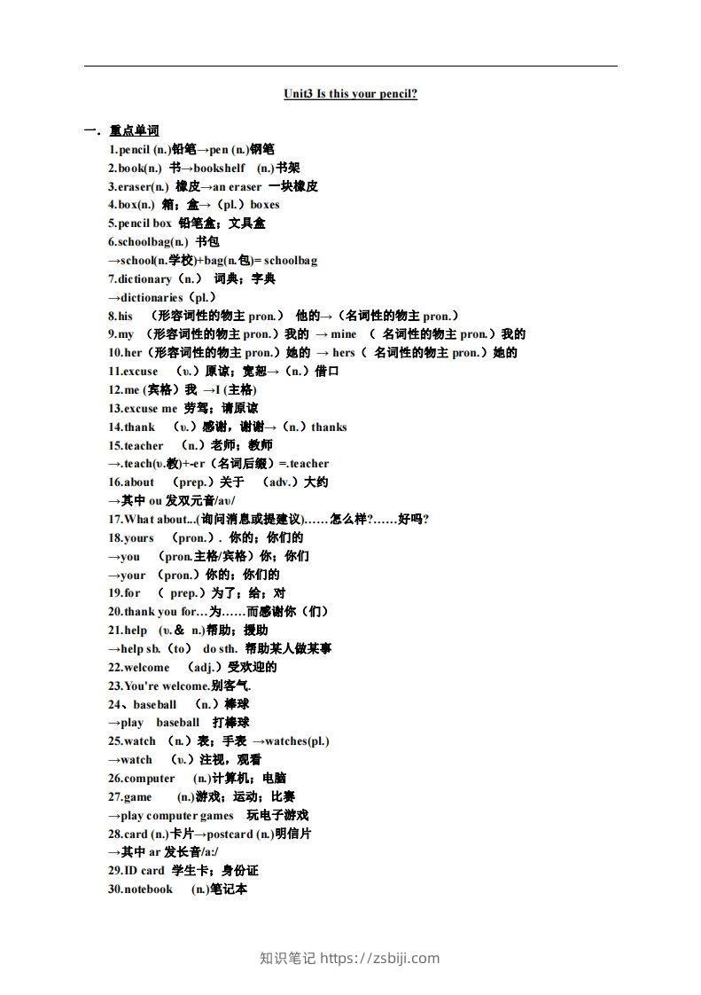 3.人教版七年级上英语Unit3复习提纲-知识笔记