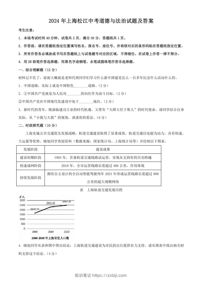 图片[1]-2024年上海松江中考道德与法治试题及答案(Word版)-知识笔记