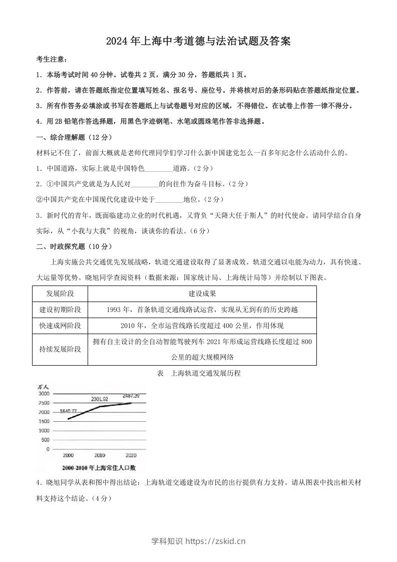 图片[1]-2024年上海中考道德与法治试题及答案(Word版)-知识笔记