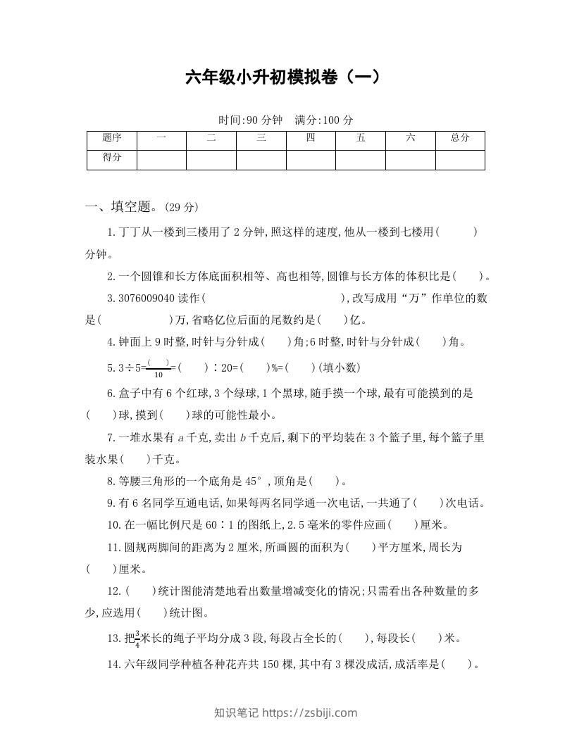 图片[1]-六年级小升初模拟卷（一）-知识笔记