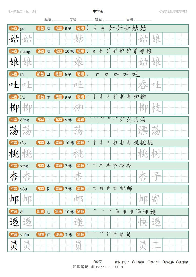 图片[2]-二年级语文下册写字表(含拼音、笔顺、词组)（25页）PDF（统编版）-知识笔记