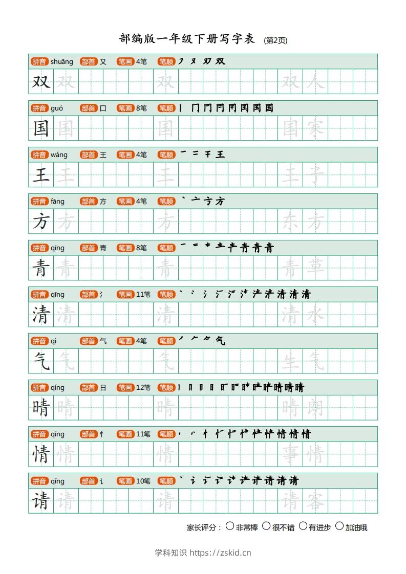 图片[2]-一年级语文下册写字表(笔顺)（20页）PDF（部编版）-知识笔记